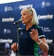 11 May 2024; Canoeing Ireland chief executive Moira Aston speaking after The 63rd International Liffey Descent at Garda Boat Club in Dublin. Photo by Seb Daly/Sportsfile