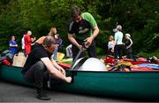 11 May 2024; Brendan Berry, left, and Thomas Dorran prepare their boat before The 63rd International Liffey Descent at The K Club in Straffan, Kildare. Photo by Seb Daly/Sportsfile