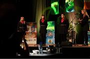 11 May 2024; The CLG Chuileann Uí Chaoimh team, including Anna Moynihan, Katie O’Sullivan, Gemma Nagle and Emily Nagle, representing Cork and Munster in the Bailéad-Ghrúpa competition during the Scór Sinsear 2024 All-Ireland Finals at the INEC Arena in Killarney, Kerry. Photo by Shauna Clinton/Sportsfile