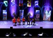 11 May 2024; The An Bhanbh-Baile an Mhitigh, CLG team, including Jane Rossiter, Tom Reville, Jessica Reville, Dearbhla Daly and Cillian Cullen, representing Wexford and Leinster in the Ceol Uirlise competition during the Scór Sinsear 2024 All-Ireland Finals at the INEC Arena in Killarney, Kerry. Photo by Shauna Clinton/Sportsfile