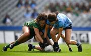 12 May 2024; Emma Duggan of Meath in action against Jessica Tobin and Leah Caffrey of Dublin during the Leinster LGFA Senior Football Championship final match between Dublin and Meath at Croke Park in Dublin. Photo by Harry Murphy/Sportsfile