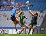 12 May 2024; Jennifer Dunne of Dublin scores her side's second goal despite the efforts Meath goalkeeper Monica McGuirk, right, and Aoibhín Cleary of Meath during the Leinster LGFA Senior Football Championship final match between Dublin and Meath at Croke Park in Dublin. Photo by Ben McShane/Sportsfile