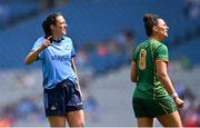 12 May 2024; Hannah Tyrrell of Dublin celebrates a score, as Máire O'Shaughnessy of Meath looks on, during the Leinster LGFA Senior Football Championship final match between Dublin and Meath at Croke Park in Dublin. Photo by Ben McShane/Sportsfile
