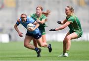 12 May 2024; Orlagh Nolan of Dublin is tackled by Ciara Smyth, left, and Aoibhín Cleary of Meath during the Leinster LGFA Senior Football Championship final match between Dublin and Meath at Croke Park in Dublin. Photo by Ben McShane/Sportsfile