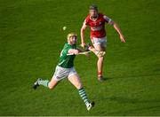 11 May 2024; Séamus Flanagan of Limerick in action against Eoin Downey of Cork during the Munster GAA Hurling Senior Championship Round 3 match between Cork and Limerick at SuperValu Páirc Ui Chaoimh in Cork. Photo by Stephen McCarthy/Sportsfile