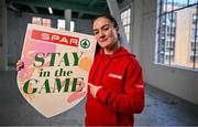 15 May 2024; Irish boxer Kellie Harrington pictured at the launch of the SPAR Stay in the Game campaign. The campaign, which is part of SPAR’s Community Fund 2024, will run until the 30th June 2024 and encourages the public to nominate a school or club in their community that is doing great work in fostering the continued participation of girls in sport. To nominate a post-primary school or club visit www.spar.ie/communityfund Nominated clubs and schools will be in with a chance to win one of five €2,000 prizes and a unique opportunity to meet and engage with Kellie Harrington in an interactive SPAR Stay in the Game workshop. Photo by David Fitzgerald/Sportsfile