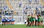 12 May 2024; Dublin and Meath players huddle before the Leinster LGFA Senior Football Championship final match between Dublin and Meath at Croke Park in Dublin. Photo by Ben McShane/Sportsfile