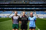 12 May 2024; Referee Marion Hayden with captains Monica McGuirk of Meath and Carla Rowe of Dublin before the Leinster LGFA Senior Football Championship final match between Dublin and Meath at Croke Park in Dublin. Photo by Harry Murphy/Sportsfile