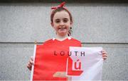 12 May 2024; Louth supporters Tess Martin, aged nine, from Monasterboice in Louth, before the Leinster GAA Football Senior Championship final match between Dublin and Louth at Croke Park in Dublin. Photo by Shauna Clinton/Sportsfile