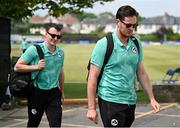12 May 2024; Ireland players Mark Adair, right, and Lorcan Tucker arrive before match two of the Floki Men's T20 International Series between Ireland and Pakistan at Castle Avenue Cricket Ground in Dublin. Photo by Seb Daly/Sportsfile