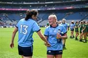 12 May 2024; Carla Rowe and Hannah Tyrrell of Dublin after their side's victory in the Leinster LGFA Senior Football Championship final match between Dublin and Meath at Croke Park in Dublin. Photo by Harry Murphy/Sportsfile