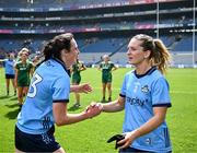 12 May 2024; Martha Byrne and Hannah Tyrrell of Dublin after their side's victory in the Leinster LGFA Senior Football Championship final match between Dublin and Meath at Croke Park in Dublin. Photo by Harry Murphy/Sportsfile