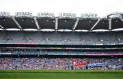 12 May 2024; Both teams in the pre-match parade before the Leinster GAA Football Senior Championship final match between Dublin and Louth at Croke Park in Dublin. Photo by Ben McShane/Sportsfile