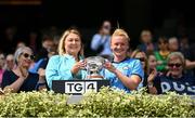 12 May 2024; Dublin captain Carla Rowe is presented the Mary Ramsbottom Cup by Leinster LGFA President Trina Murray after the Leinster LGFA Senior Football Championship final match between Dublin and Meath at Croke Park in Dublin. Photo by Harry Murphy/Sportsfile