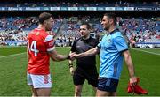 12 May 2024; Captains Sam Mulroy of Louth and James McCarthy of Dublin shake hands across referee Noel Mooney before the Leinster GAA Football Senior Championship final match between Dublin and Louth at Croke Park in Dublin. Photo by Harry Murphy/Sportsfile