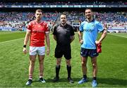 12 May 2024; Captains Sam Mulroy of Louth and James McCarthy of Dublin with referee Noel Mooney before the Leinster GAA Football Senior Championship final match between Dublin and Louth at Croke Park in Dublin. Photo by Harry Murphy/Sportsfile