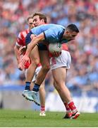 12 May 2024; Niall Scully of Dublin is tackled by Bevan Duffy of Louth during the Leinster GAA Football Senior Championship final match between Dublin and Louth at Croke Park in Dublin. Photo by Ben McShane/Sportsfile
