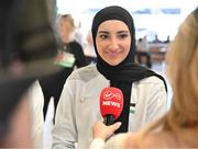 12 May 2024; Dina Abdeen of Palestine is interviewed on arrival at Dublin Airport as the Palestine women's national football team arrive in Ireland for an International Solidarity Match against Bohemians to be played on Wednesday at Dalymount Park in Dublin. Photo by Stephen McCarthy/Sportsfile