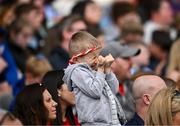 12 May 2024; A young Louth supporter reacts during the Leinster GAA Football Senior Championship final match between Dublin and Louth at Croke Park in Dublin. Photo by Harry Murphy/Sportsfile