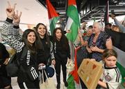 12 May 2024; Palestine players on arrival at Dublin Airport as the Palestine women's national football team arrive in Ireland for an International Solidarity Match against Bohemians to be played on Wednesday at Dalymount Park in Dublin. Photo by Stephen McCarthy/Sportsfile