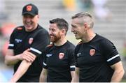12 May 2024; Armagh manager Kieran McGeeney, right, with selectors Kieran Donaghy, left, and Conleith Gilligan before the Ulster GAA Football Senior Championship final match between Armagh and Donegal at St Tiernach's Park in Clones, Monaghan. Photo by Ramsey Cardy/Sportsfile