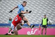 12 May 2024; Con O'Callaghan  of Dublin shoots to score his side's first goal despite the attention of Bevan Duffy of Louth during the Leinster GAA Football Senior Championship final match between Dublin and Louth at Croke Park in Dublin. Photo by Harry Murphy/Sportsfile