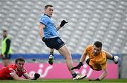 12 May 2024; Con O'Callaghan of Dublin shoots to score his side's first goal as Bevan Duffy of Louth and goalkeeper Niall Mc Donnell look on during the Leinster GAA Football Senior Championship final match between Dublin and Louth at Croke Park in Dublin. Photo by Harry Murphy/Sportsfile