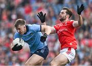 12 May 2024; Seán Bugler of Dublin in action against Dermot Campbell of Louth during the Leinster GAA Football Senior Championship final match between Dublin and Louth at Croke Park in Dublin. Photo by Harry Murphy/Sportsfile