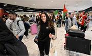 12 May 2024; Jeniver Shattara of Palestine on arrival at Dublin Airport as the Palestine women's national football team arrive in Ireland for an International Solidarity Match against Bohemians to be played on Wednesday at Dalymount Park in Dublin. Photo by Stephen McCarthy/Sportsfile