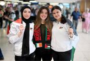 12 May 2024; Palestine players, from left, Dina Abdeen, Laila Houshan and Charlotte Phillips on arrival at Dublin Airport as the Palestine women's national football team arrive in Ireland for an International Solidarity Match against Bohemians to be played on Wednesday at Dalymount Park in Dublin. Photo by Stephen McCarthy/Sportsfile