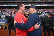 12 May 2024; Louth manager Ger Brennan, left, and Dublin manager Dessie Farrell after the Leinster GAA Football Senior Championship final match between Dublin and Louth at Croke Park in Dublin. Photo by Ben McShane/Sportsfile