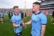12 May 2024; Cian Murphy, left, and Ross McGarry of Dublin celebrate after the Leinster GAA Football Senior Championship final match between Dublin and Louth at Croke Park in Dublin. Photo by Ben McShane/Sportsfile