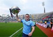 12 May 2024; Brian Howard of Dublin with the Delaney Cup after his side's victory in the Leinster GAA Football Senior Championship final match between Dublin and Louth at Croke Park in Dublin. Photo by Harry Murphy/Sportsfile