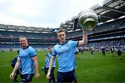 12 May 2024; Tom Lahiff of Dublin with the Delaney Cup after his side's victory in the Leinster GAA Football Senior Championship final match between Dublin and Louth at Croke Park in Dublin. Photo by Harry Murphy/Sportsfile