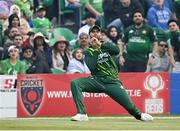 12 May 2024; Shaheen Shah Afridi of Pakistan   takes the wicket of Ireland's Harry Tector during match two of the Floki Men's T20 International Series between Ireland and Pakistan at Castle Avenue Cricket Ground in Dublin. Photo by Seb Daly/Sportsfile