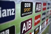 12 May 2024; A media broadcast backdrop for BBC Sport at the Ulster GAA Football Senior Championship final match between Armagh and Donegal at St Tiernach's Park in Clones, Monaghan. Photo by Piaras Ó Mídheach/Sportsfile