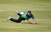 12 May 2024; Craig Young of Ireland drops a catch during match two of the Floki Men's T20 International Series between Ireland and Pakistan at Castle Avenue Cricket Ground in Dublin. Photo by Seb Daly/Sportsfile