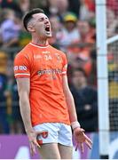 12 May 2024; Shane McPartlan of Armagh reacts after his penalty was saved by Donegal goalkeeper Shaun Patton for the last penalty in the penalty shoot-out of the Ulster GAA Football Senior Championship final match between Armagh and Donegal at St Tiernach's Park in Clones, Monaghan. Photo by Piaras Ó Mídheach/Sportsfile