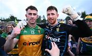 12 May 2024; Donegal captain Patrick McBrearty, left, and Donegal goalkeeper Shaun Patton celebrate after their side's victory in the penalty shoot-out of the Ulster GAA Football Senior Championship final match between Armagh and Donegal at St Tiernach's Park in Clones, Monaghan. Photo by Piaras Ó Mídheach/Sportsfile