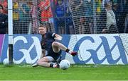 12 May 2024; Armagh goalkeeper Blaine Hughes is beaten for a goal from a penalty from Jason McGee of Donegal in the penalty shoot-out of the Ulster GAA Football Senior Championship final match between Armagh and Donegal at St Tiernach's Park in Clones, Monaghan. Photo by Piaras Ó Mídheach/Sportsfile