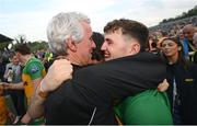 12 May 2024; Donegal manager Jim McGuinness celebrates with Niall O Donnell after the Ulster GAA Football Senior Championship final match between Armagh and Donegal at St Tiernach's Park in Clones, Monaghan. Photo by Ramsey Cardy/Sportsfile
