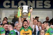12 May 2024; Ryan McHugh of Donegal lifts the Anglo Celt Cup the Ulster GAA Football Senior Championship final match between Armagh and Donegal at St Tiernach's Park in Clones, Monaghan. Photo by Ramsey Cardy/Sportsfile