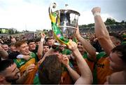 12 May 2024; Donegal players celebrate with the Anglo Celt Cup after the Ulster GAA Football Senior Championship final match between Armagh and Donegal at St Tiernach's Park in Clones, Monaghan. Photo by Ramsey Cardy/Sportsfile