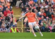 12 May 2024; Tiernan Kelly of Armagh kicks a free wide, in injury time of the second half of normal time, during the Ulster GAA Football Senior Championship final match between Armagh and Donegal at St Tiernach's Park in Clones, Monaghan. Photo by Piaras Ó Mídheach/Sportsfile