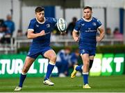 11 May 2024; Ross Byrne and Jordan Larmour of Leinster during the United Rugby Championship match between Leinster and Ospreys at the RDS Arena in Dublin. Photo by Harry Murphy/Sportsfile