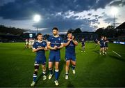 11 May 2024; Leinster players, from left, Luke McGrath, Ross Byrne and Michael Milne after their side's victory in the United Rugby Championship match between Leinster and Ospreys at the RDS Arena in Dublin. Photo by Harry Murphy/Sportsfile