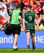 11 May 2024; Matthew Devine of Connacht leaves the pitch with an injury during the United Rugby Championship match between Munster and Connacht at Thomond Park in Limerick. Photo by Brendan Moran/Sportsfile