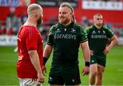 11 May 2024; Finlay Bealham of Connacht, centre, speaks with Jeremy Loughman of Munster after the United Rugby Championship match between Munster and Connacht at Thomond Park in Limerick. Photo by Brendan Moran/Sportsfile