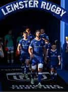 11 May 2024; Leinster captain Caelan Doris walks out with matchday mascots Charlie Bal before the United Rugby Championship match between Leinster and Ospreys at the RDS Arena in Dublin. Photo by Harry Murphy/Sportsfile