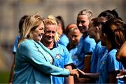 12 May 2024; Leinster LGFA President Trina Murray meets Dublin players before the Leinster LGFA Senior Football Championship final match between Dublin and Meath at Croke Park in Dublin. Photo by Harry Murphy/Sportsfile